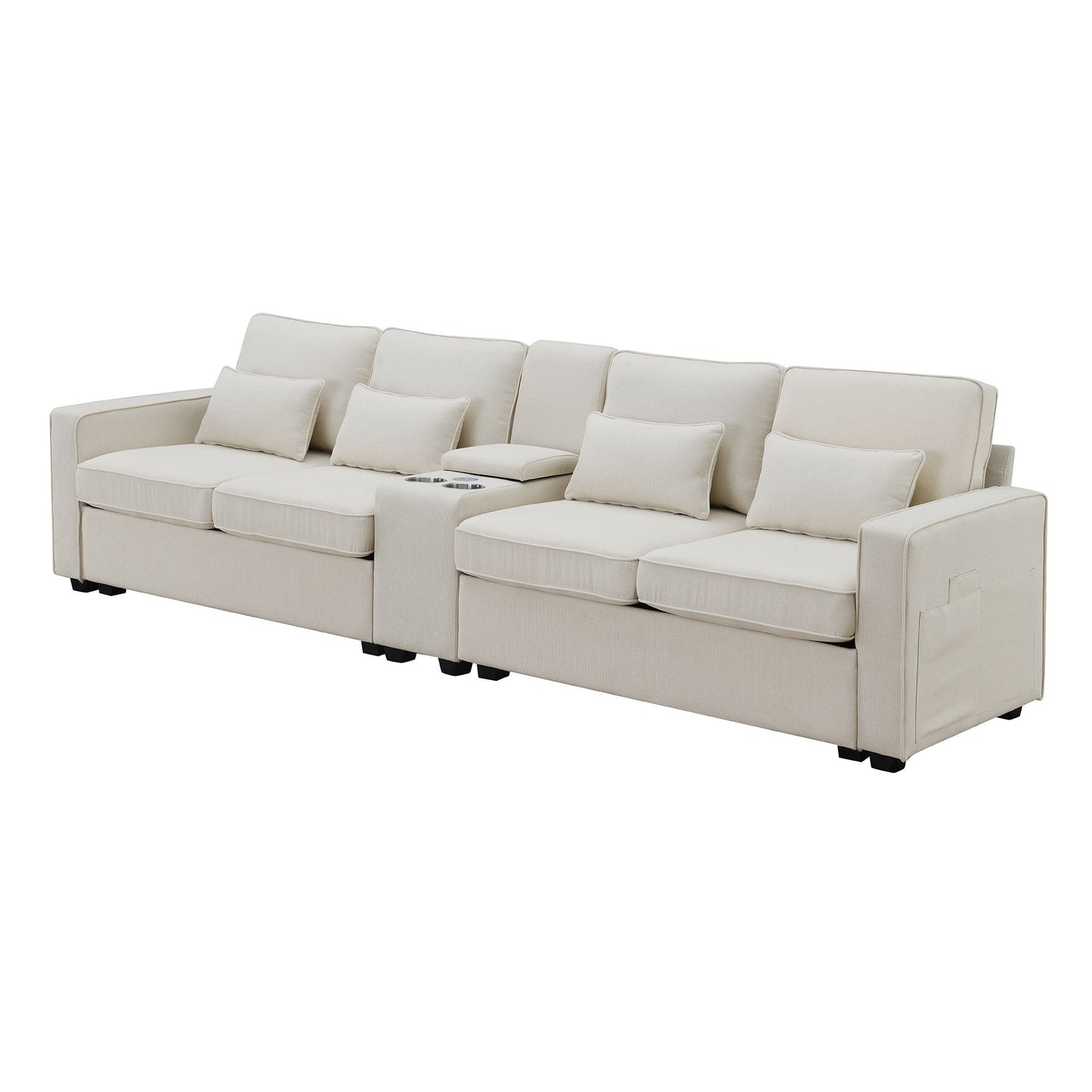 Upholstered Sofa With Console, 2 Cupholders And 2 USB Ports Wired Or Wirelessly Charged, Modern Linen Fabric Couches With 4 Pillows (4 Seat) - Beige