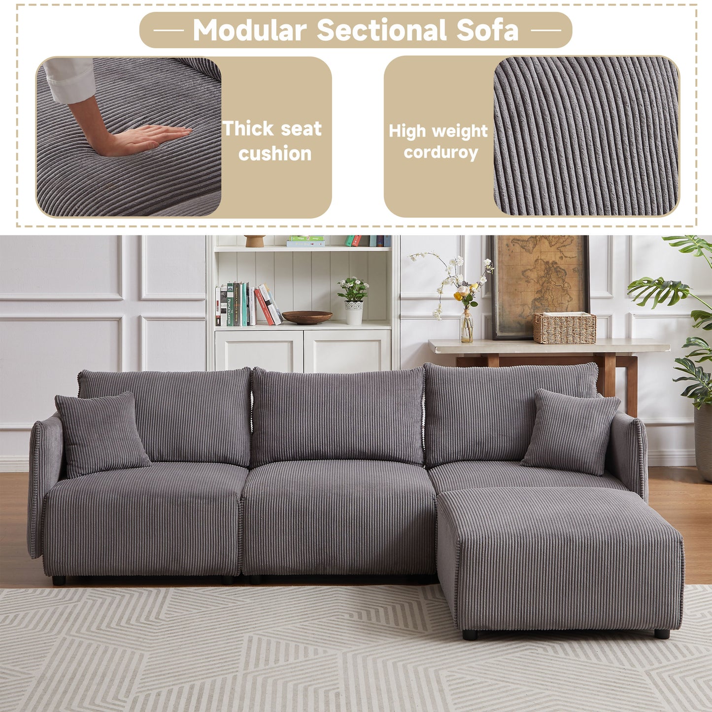 Multi Module Combination Style Sofa For Living Room And Other Lounge Spaces, Modern Minimalist Corduroy Combination Sofa With 2 Comfort Cushions With USB & C Charging Ports - Gray