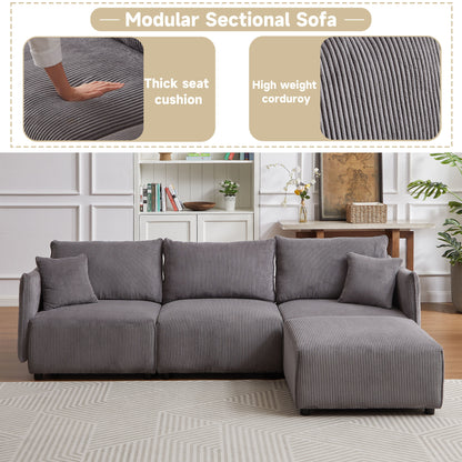Multi Module Combination Style Sofa For Living Room And Other Lounge Spaces, Modern Minimalist Corduroy Combination Sofa With 2 Comfort Cushions With USB & C Charging Ports - Gray