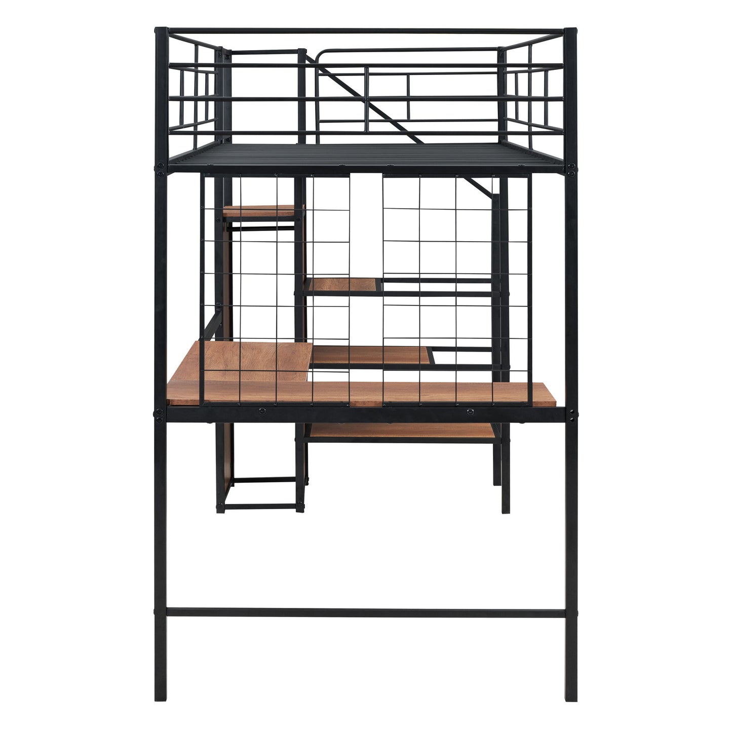 Twin Size Loft Bed With Desk And Grid, Stylish Frame With Lateral Storage Ladder And Wardrobe - Black