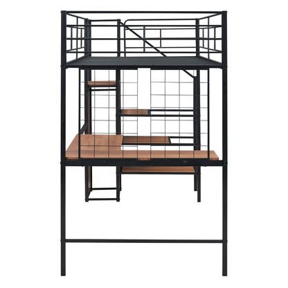 Twin Size Loft Bed With Desk And Grid, Stylish Frame With Lateral Storage Ladder And Wardrobe - Black