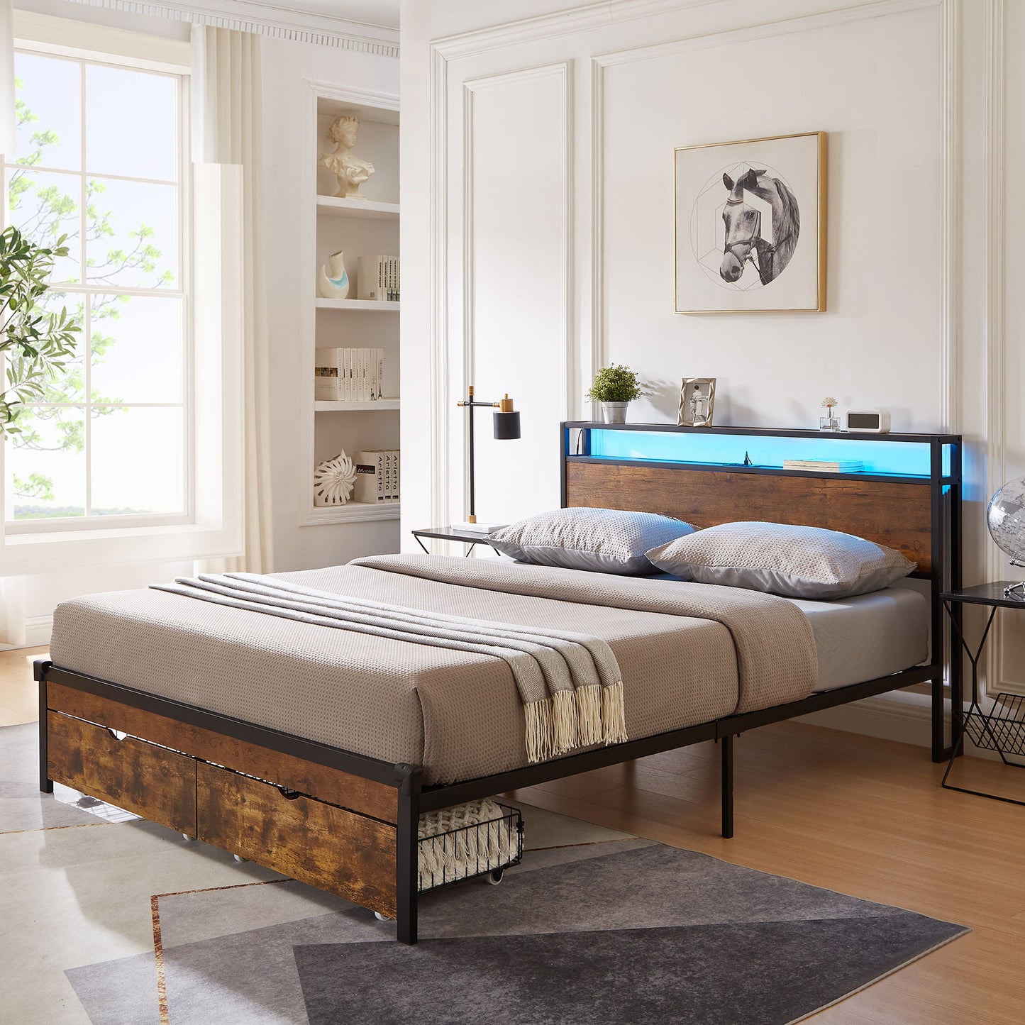 Queen Size Modern Metal Platform Bed Frame With Wooden Headboard And Footboard, USB Charging Station, LED Lights, And 2 Drawers, No Box Spring Needed - Brown / Black