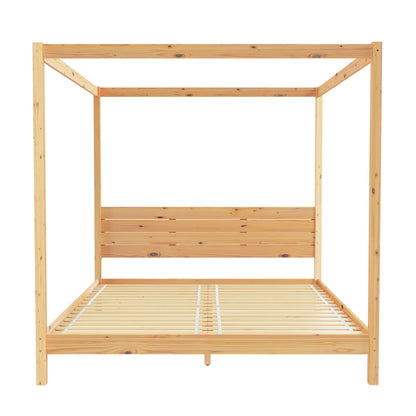 King Canopy Bed Frame Modern Minimalist Boho - Natural Pine