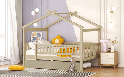 Full Size House Bed With Twin Size Trundle - Natural