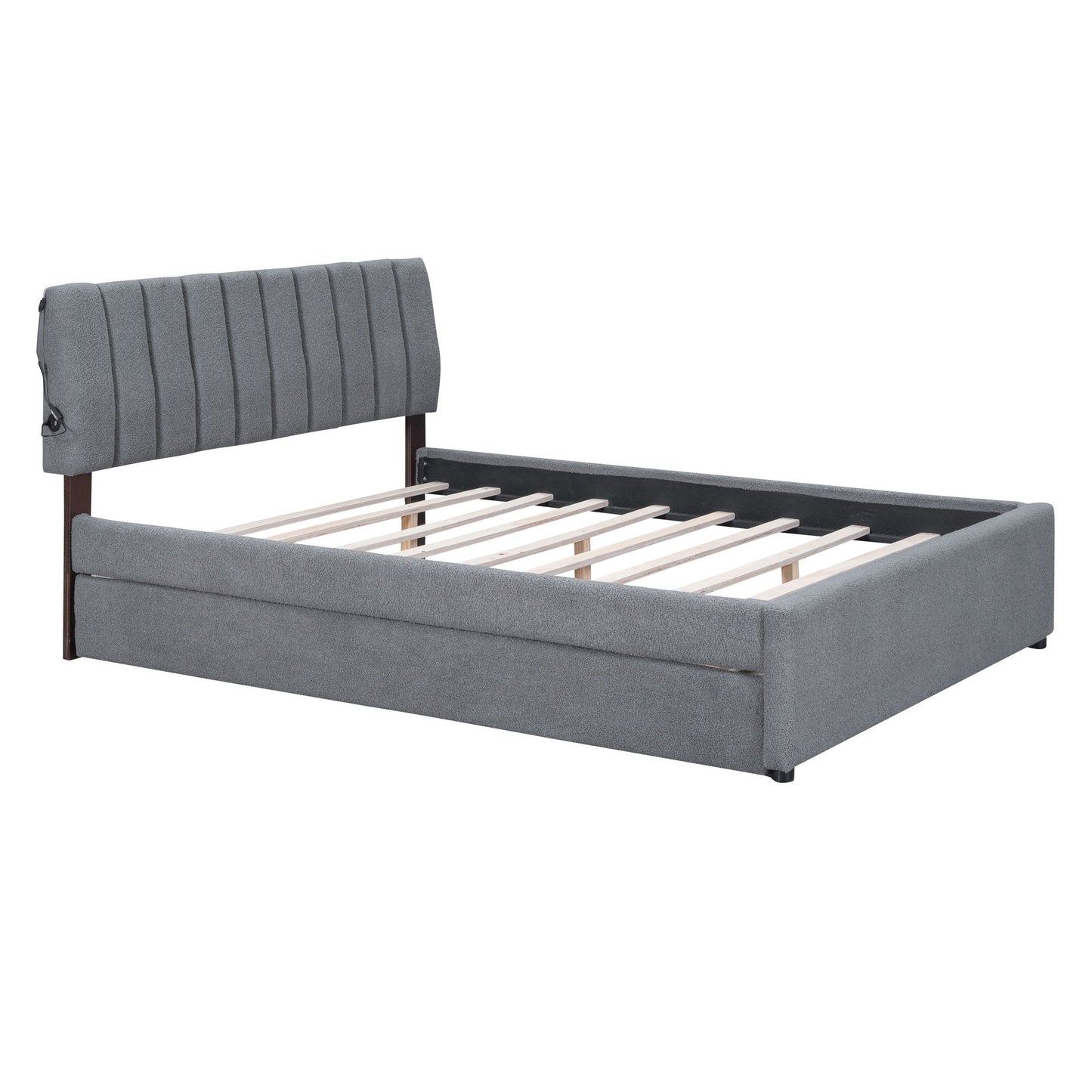 Queen Size Upholstered Platform Bed With Twin Long Trundle - Gray