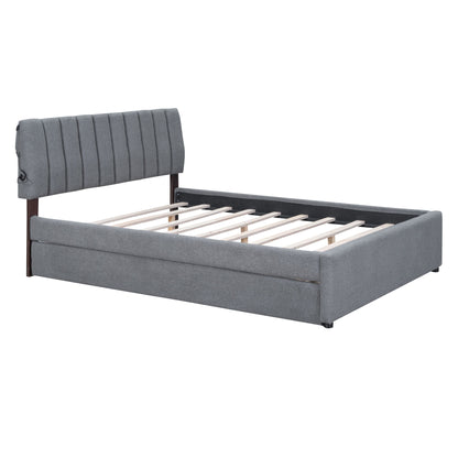 Queen Size Upholstered Platform Bed With Twin Long Trundle - Gray
