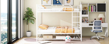 Full Over Full Bunk Bed With Shelf And Guardrails - White