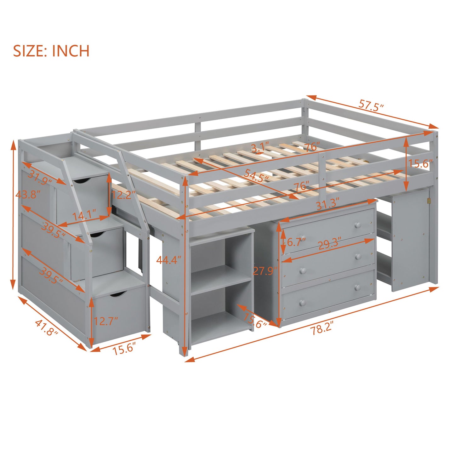 Full Size Loft Bed With Retractable Writing Desk And 3 Drawers With Storage Stairs And Shelves - Gray