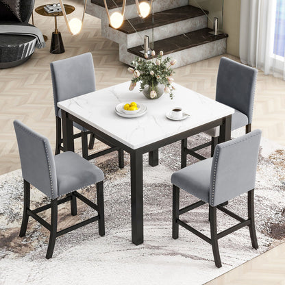 5-Piece Counter Height Dining Table Set With One Faux Marble Top Dining Table And Four Velvet Upholstered Chairs - Gray