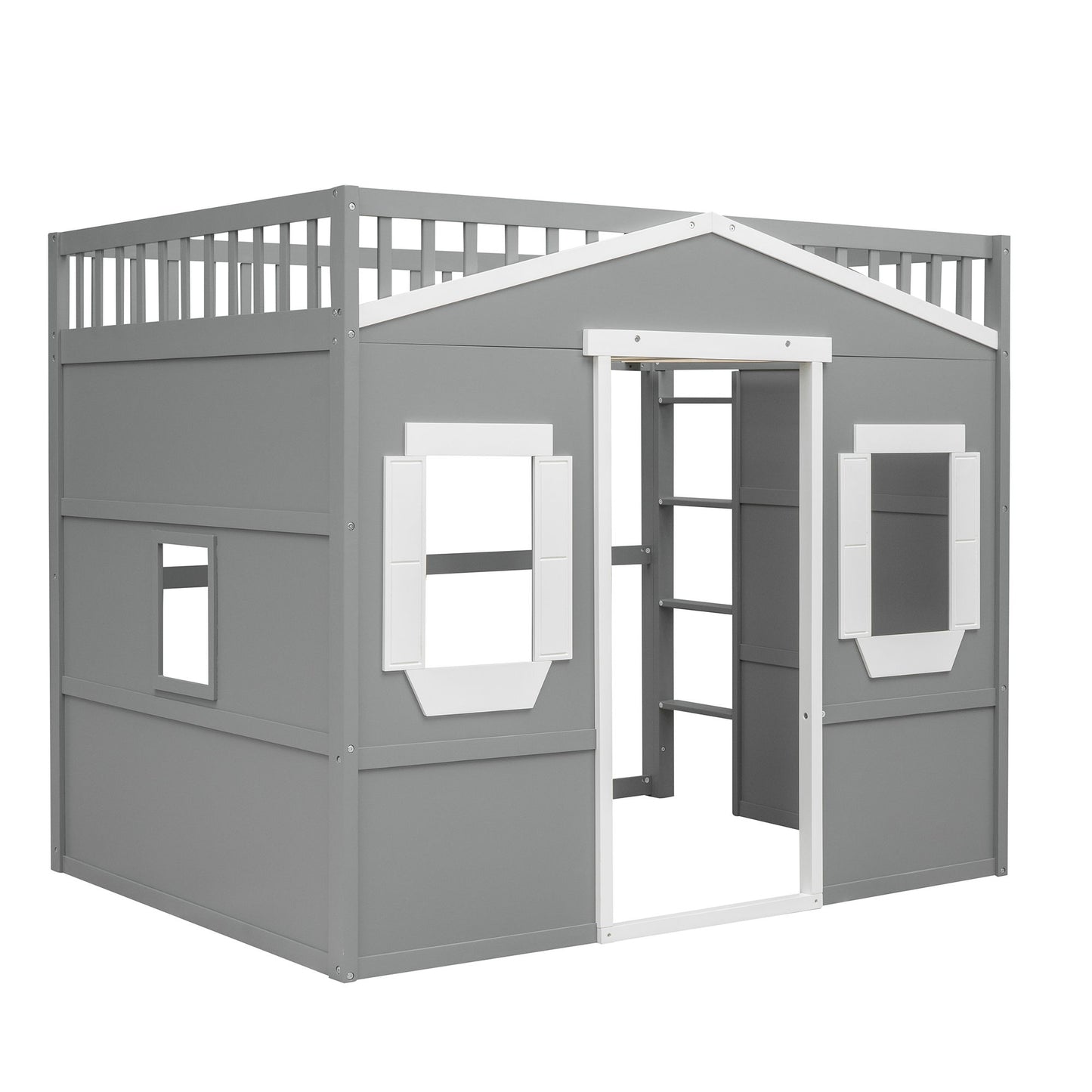 Full Size House Loft Bed With Ladder - Gray / White