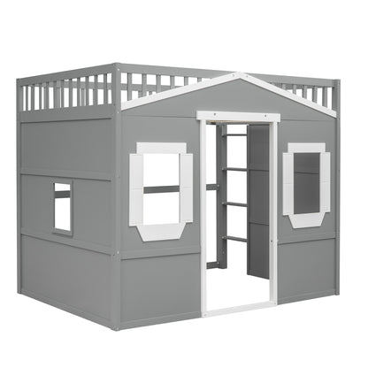 Full Size House Loft Bed With Ladder - Gray / White