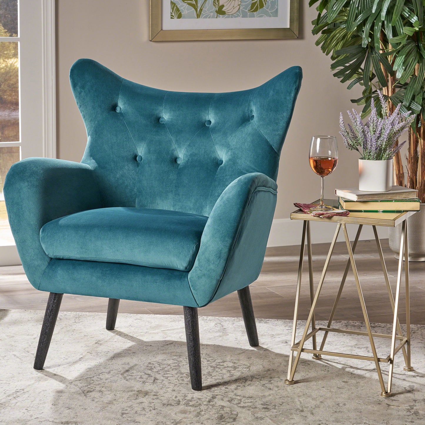 Alyssa - Velvet Arm Chair With Wingback Design - Teal