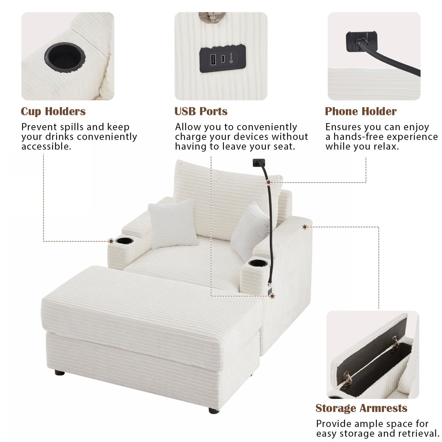 Modern Style Single Sofa Sofa Couch With Storage Space, A Movable Ottoman, Two USB Ports, Two Cup Holders, A Phone Holder For Living Room - Beige