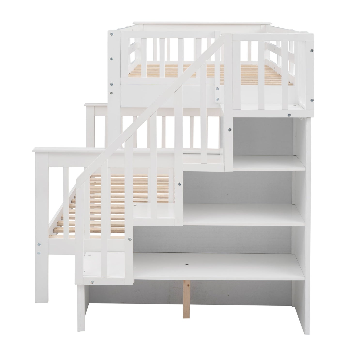 Twin Over Full Bunk Bed Stairway With Storage And Guard Rail For Bedroom - White