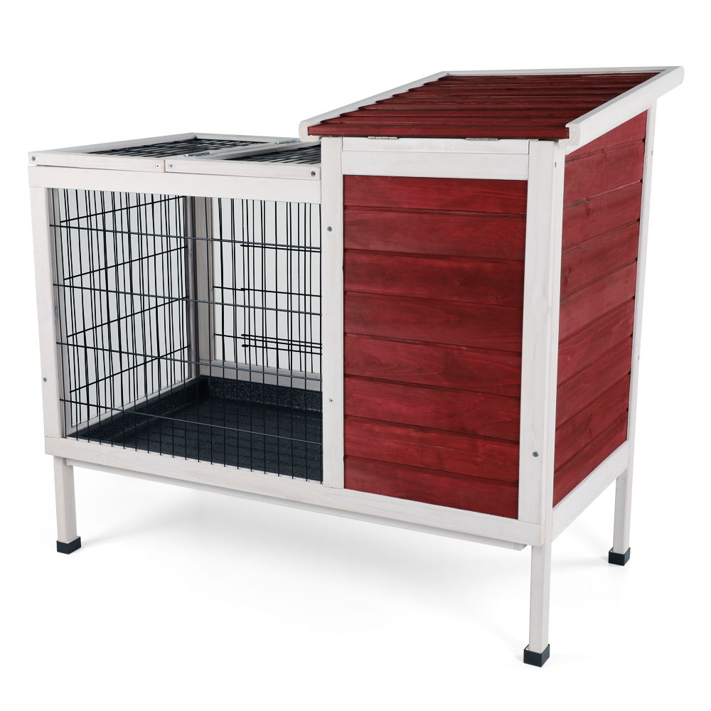 Two Tier Wooden Indoor / Outdoor Rabbit Cage For Small Animals With Runway And Leak-Proof Plastic Tray - Red