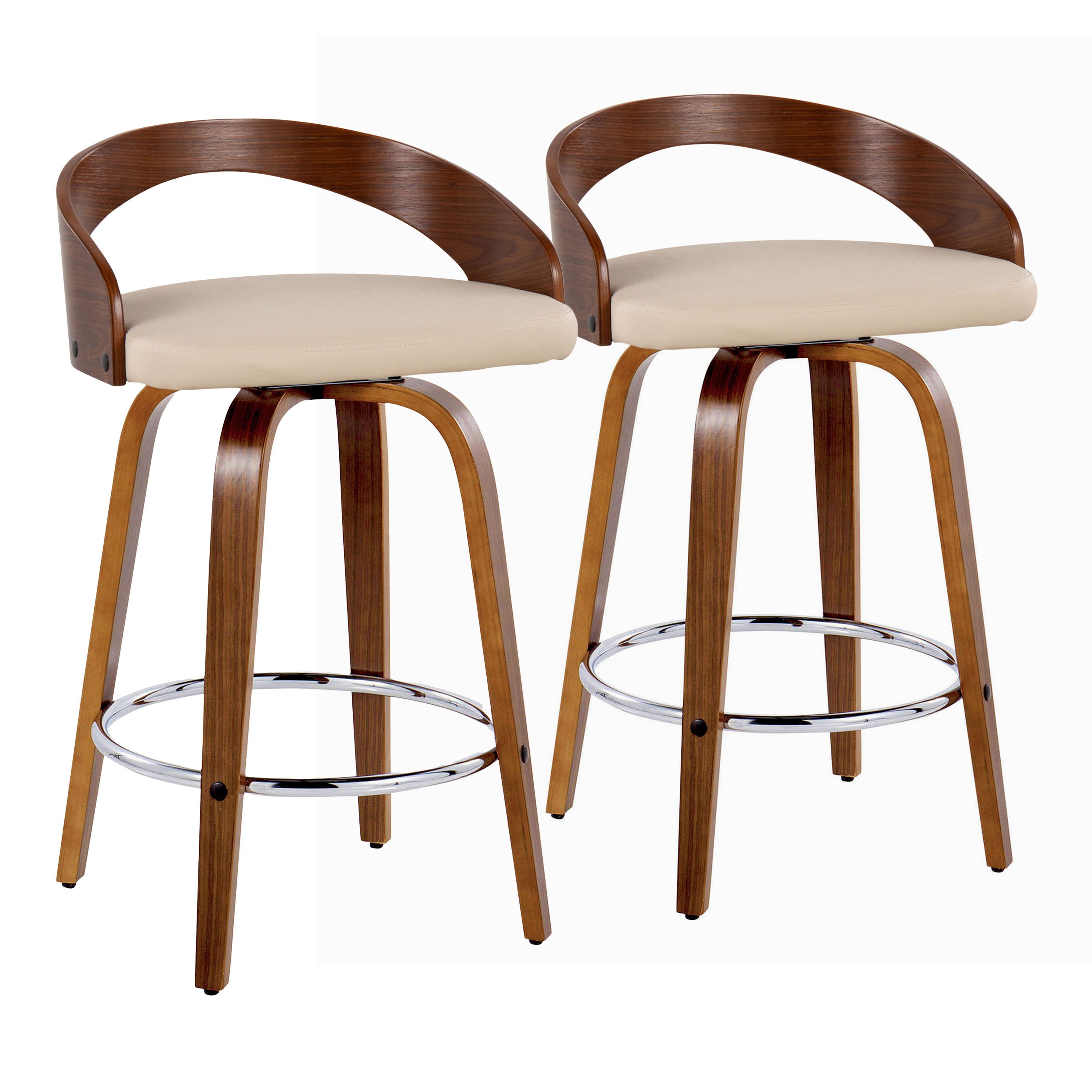Grotto - Mid-Century Modern Fixed Height Counter Stool With Swivel With Round Footrest (Set of 2) - Walnut / Cream