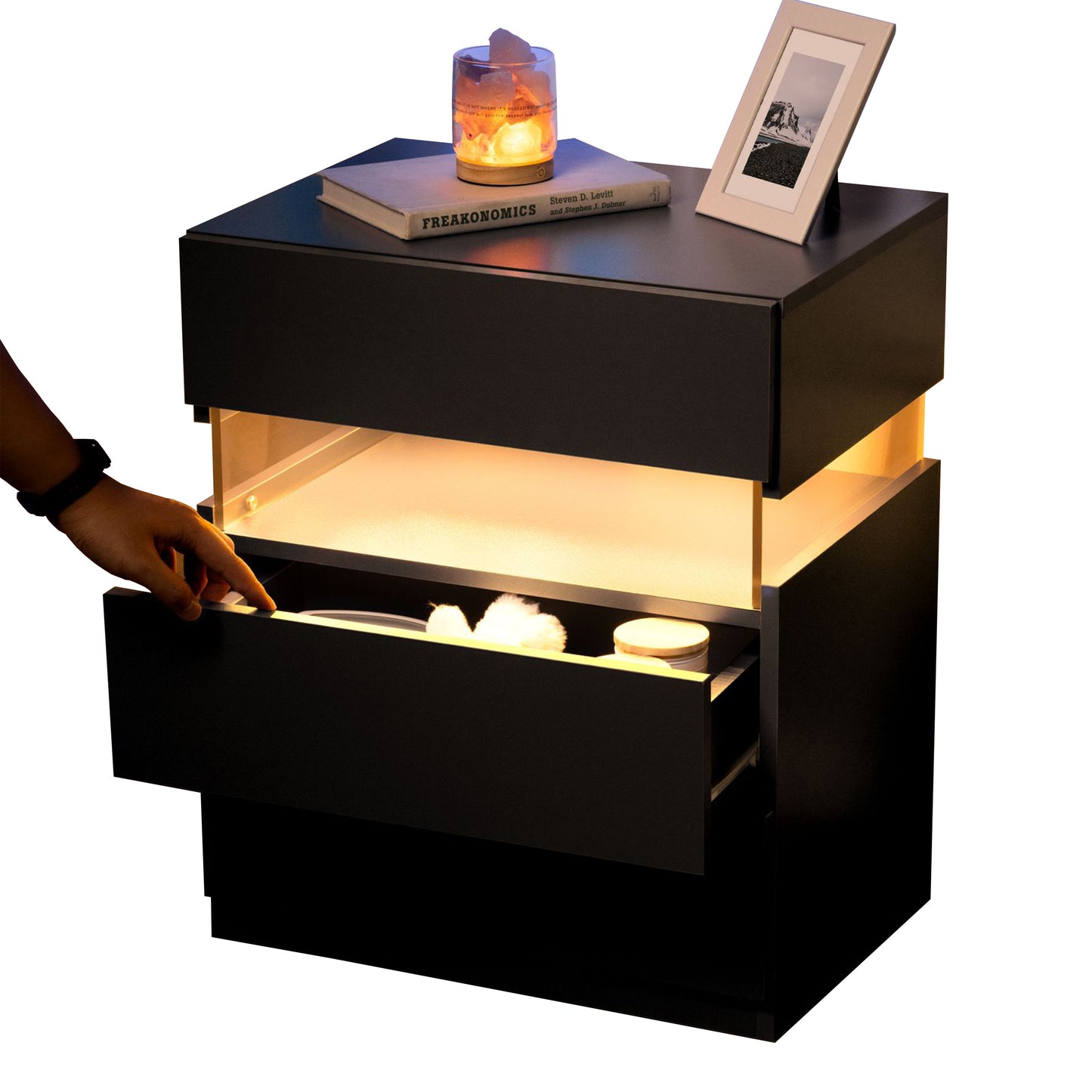 Led Nightstands 3 Drawer Dresser For Bedroom End Table With Acrylic Board LED Bedside Tables For Bedroom Living Room Bedside Furniture - Black