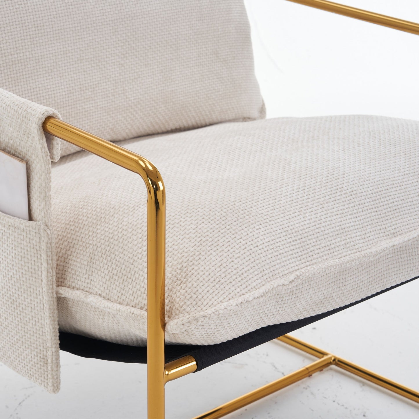 Upholstered Hanging Armchair With Arm Pocketsmetal Frame, Gold-Plated Craftsmanship, Crushed Foam Cushions And Skin-Friendly Woven Fabric For Living Room (Set of 2) - Beige