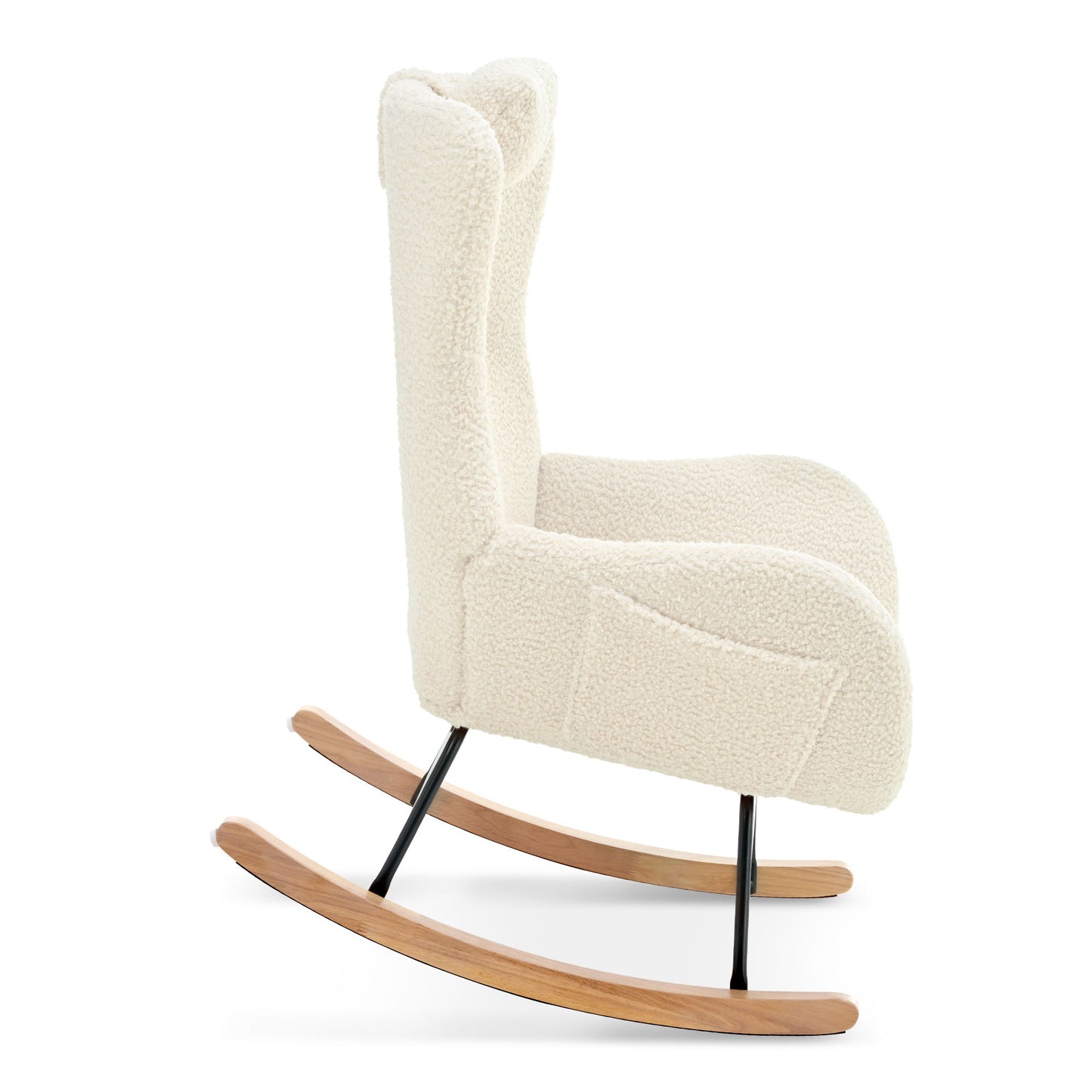 Rocking Chair Nursery, Teddy Upholstered Rocker Glider Chair With High Backrest, Adjustable Headrest & Pocket, Comfy Glider Chair For Nursery, Bedroom, Living Room, Offices, Rubber Wood - Beige