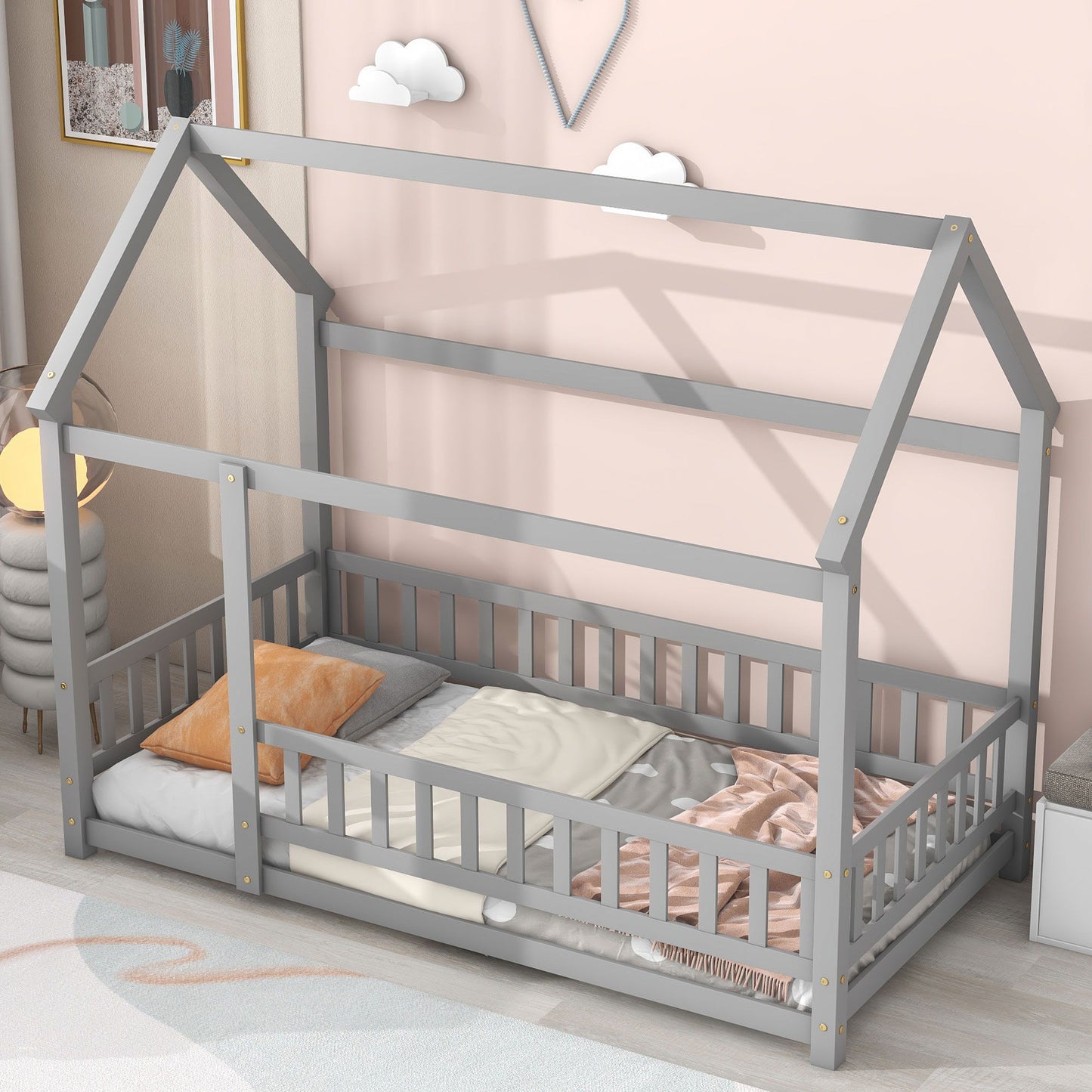 Twin Size Floor Wooden Bed With House Roof Frame, Fence Guardrails - Gray