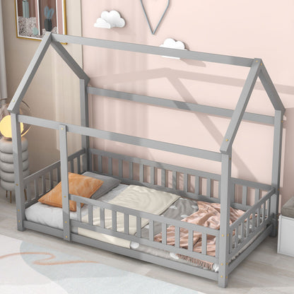 Twin Size Floor Wooden Bed With House Roof Frame, Fence Guardrails - Gray