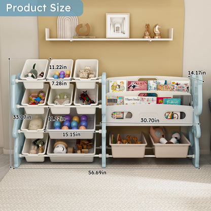 Kids Toy Storage Organizer With 2 Tier Bookshelf, Toy Storage With 12 Bins - Blue