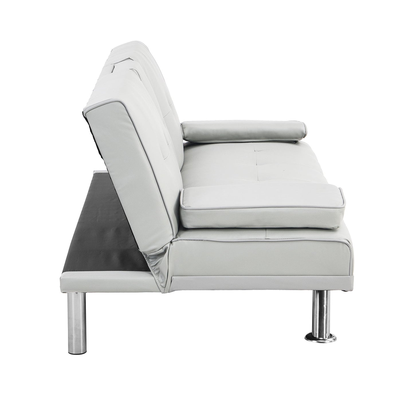 Sofa Bed With Armrest Two Holders Wood Frame, Stainless Leg, Futon - White