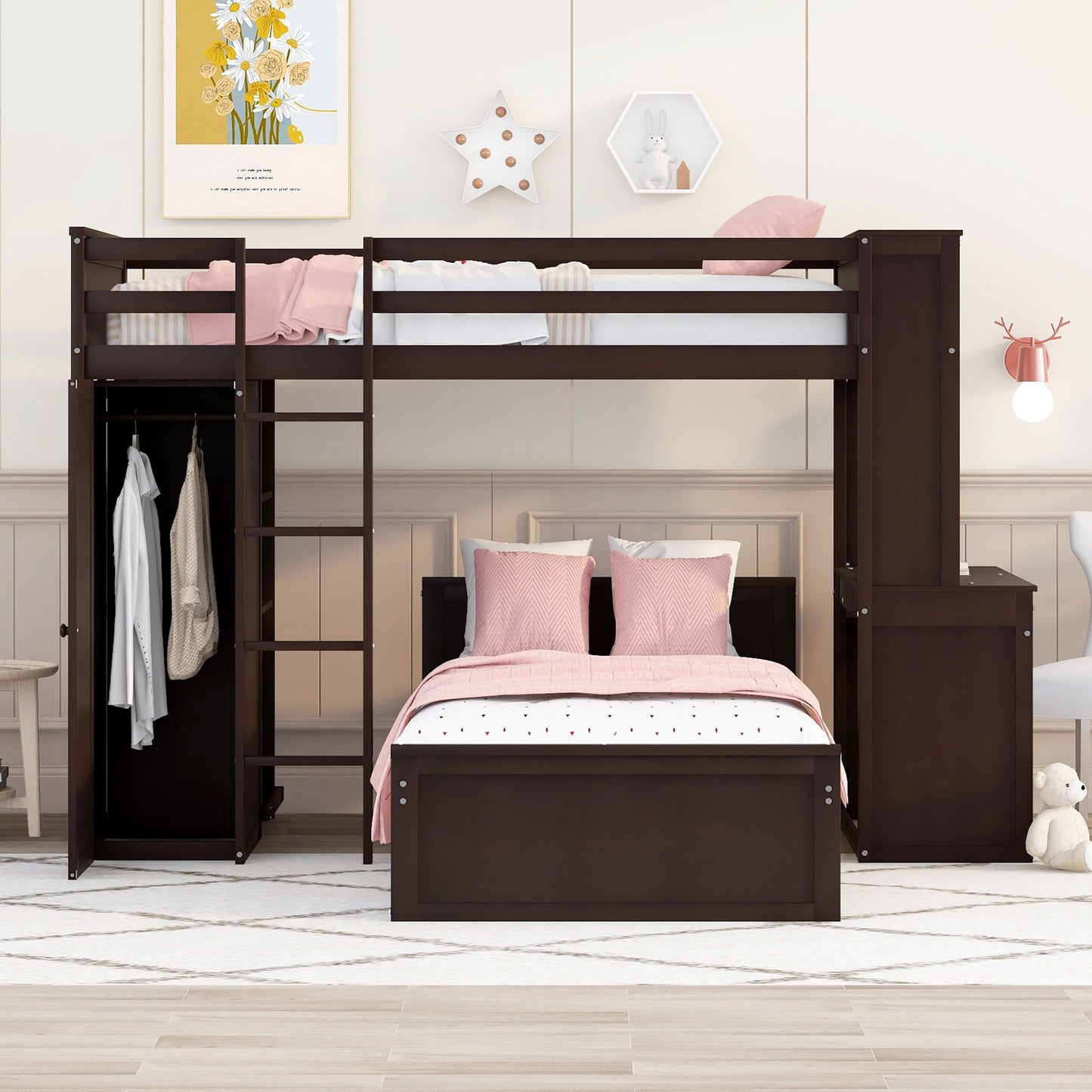 Twin Size Loft Bed With A Stand Alone Bed, Shelves, Desk, And Wardrobe - Espresso