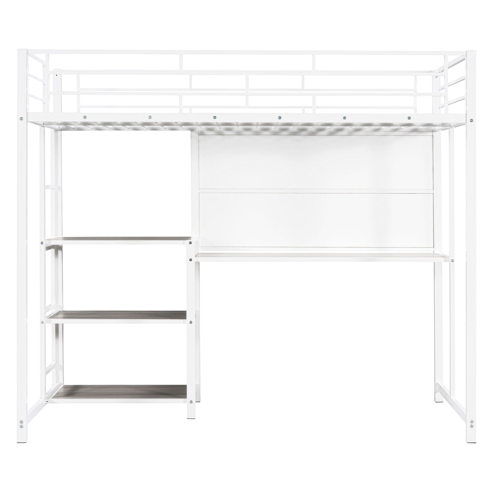 Twin Size Loft Bed With Desk And Whiteboard, Loft Bed With 3 Shelves And Ladder - White