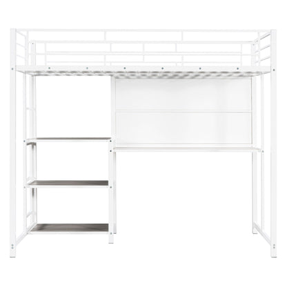Twin Size Loft Bed With Desk And Whiteboard, Loft Bed With 3 Shelves And Ladder - White