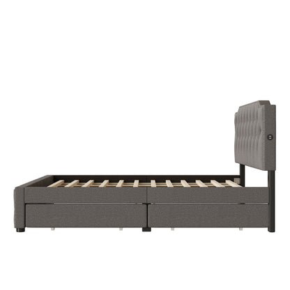 Queen Size Upholstered Platform Bed With 2 Drawers And 2 Sets Of USB Ports On Each Side - Gray