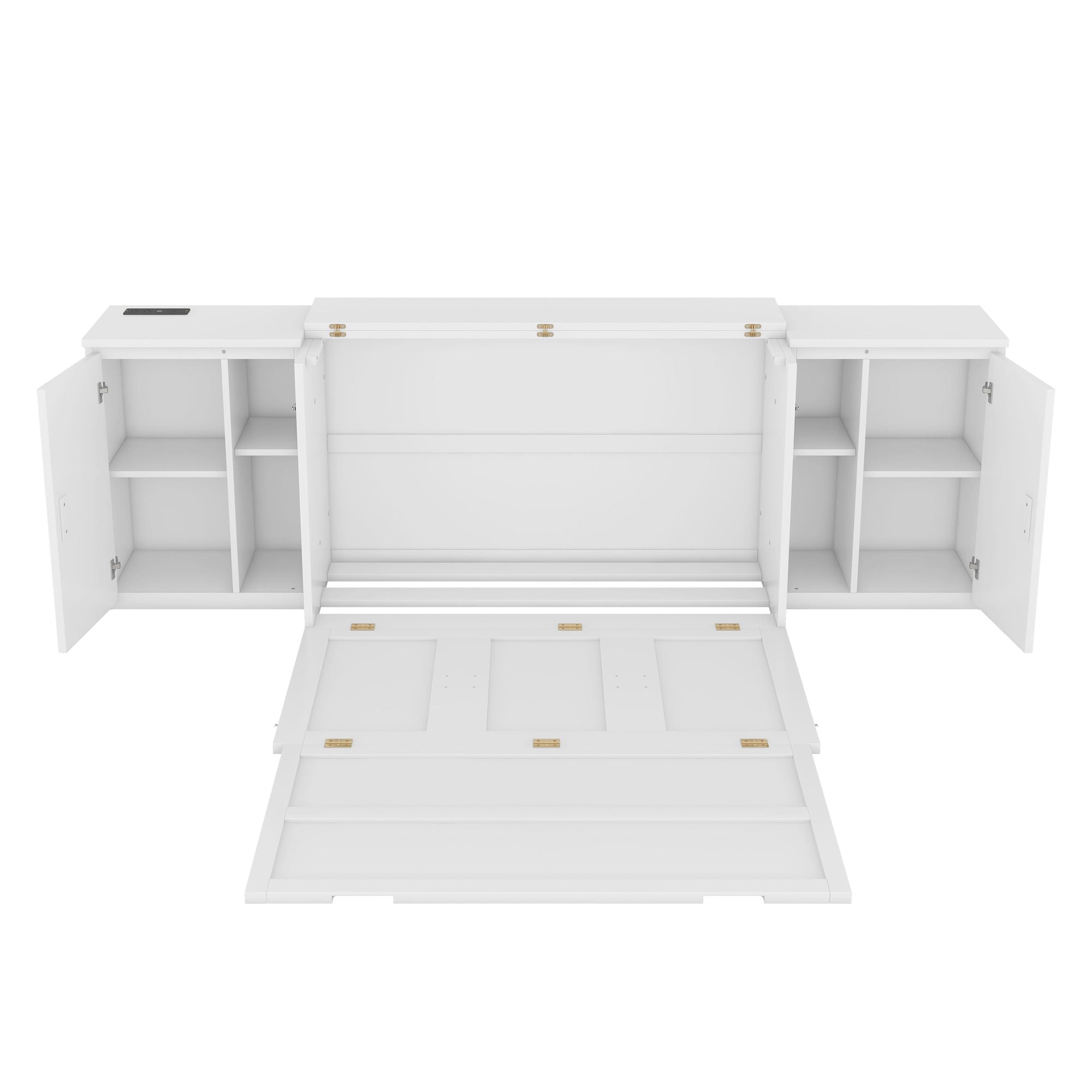 Full Size Murphy Bed With Shelves, Cabinets And USB Ports - White