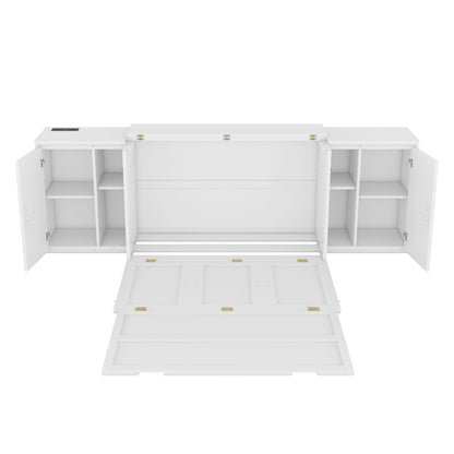 Full Size Murphy Bed With Shelves, Cabinets And USB Ports - White