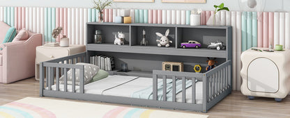 Twin Floor Bed With Bedside Bookcase, Shelves, Guardrails - Gray