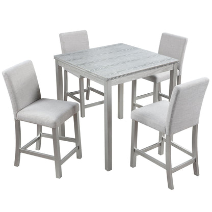 5 Piece Counter Height Table Set, Wooden Kitchen Table Set With Square Table And 4 Upholstered Chairs, Counter Height Dining Table With Crystal Decoration And Chair Set - Silver Gray