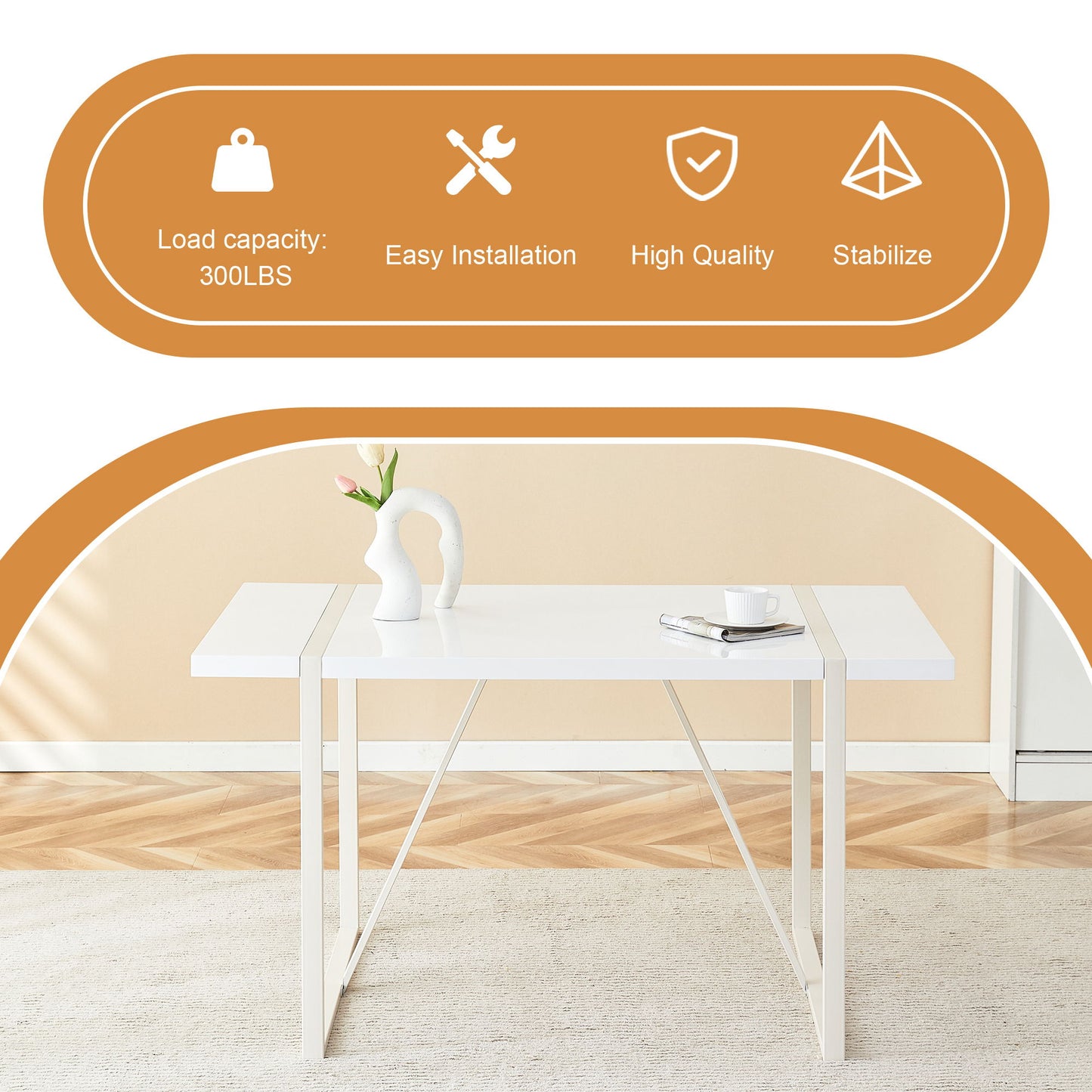 Industrial Rectangular Style Dining Table For 4 - 6 People With Thick Top And Metal Legs Frame - White