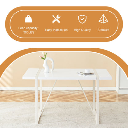 Industrial Rectangular Style Dining Table For 4 - 6 People With Thick Top And Metal Legs Frame - White