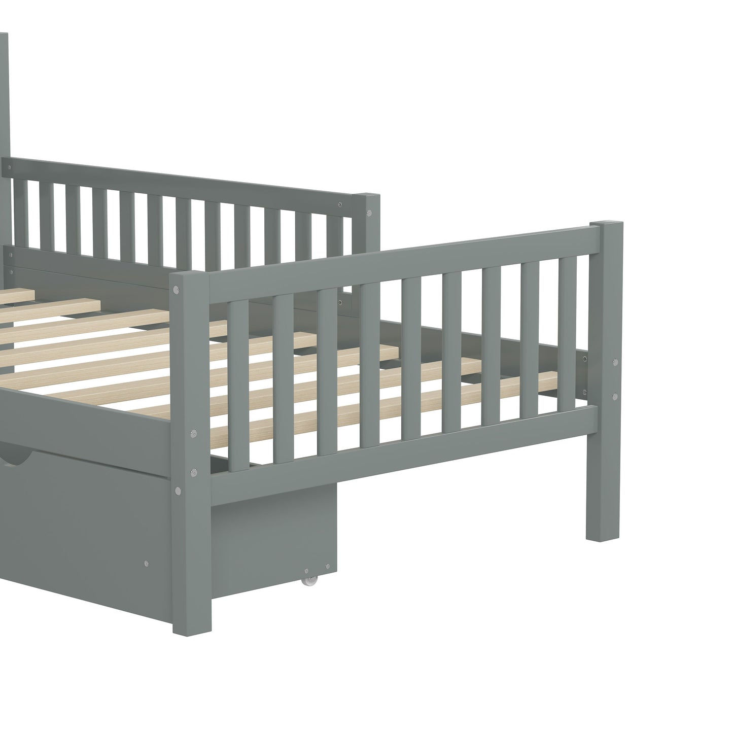 Twin Size Platform Bed With Guardrails On Both Sides And 2 Storage Drawers - Gray
