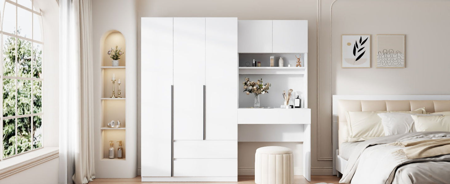 3 Door Storage Desk Wardrobe For Bedroom With Shelves And 3 Drawers - White