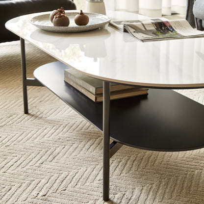 Contemporary Coffee Table Sintered Stone Surface With Ceramic Finish Double Layer Design Base Matte Shelf Modern Living Room Center Table - White / Gray
