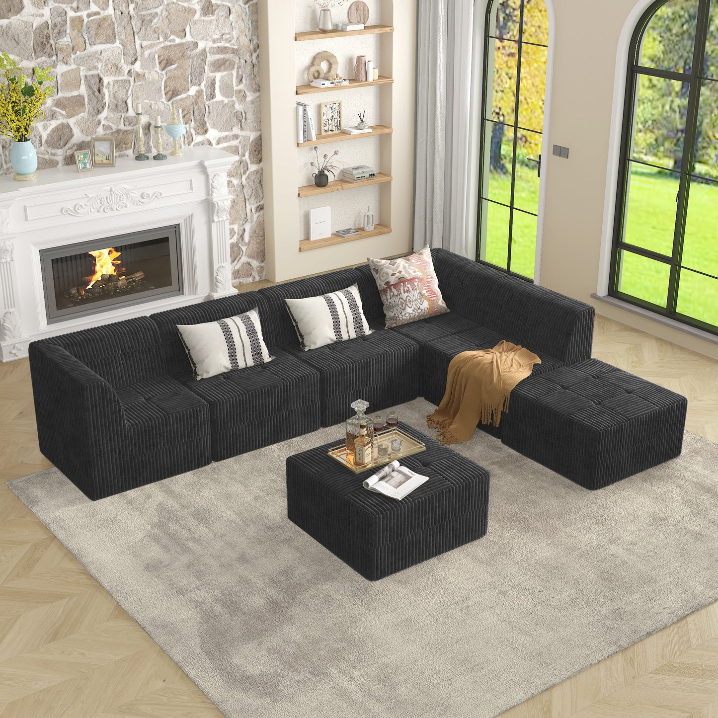 Modern Minimalist Corduroy Sleeper Sofa Compressed Sectional Single Seat Foam Filled - Black