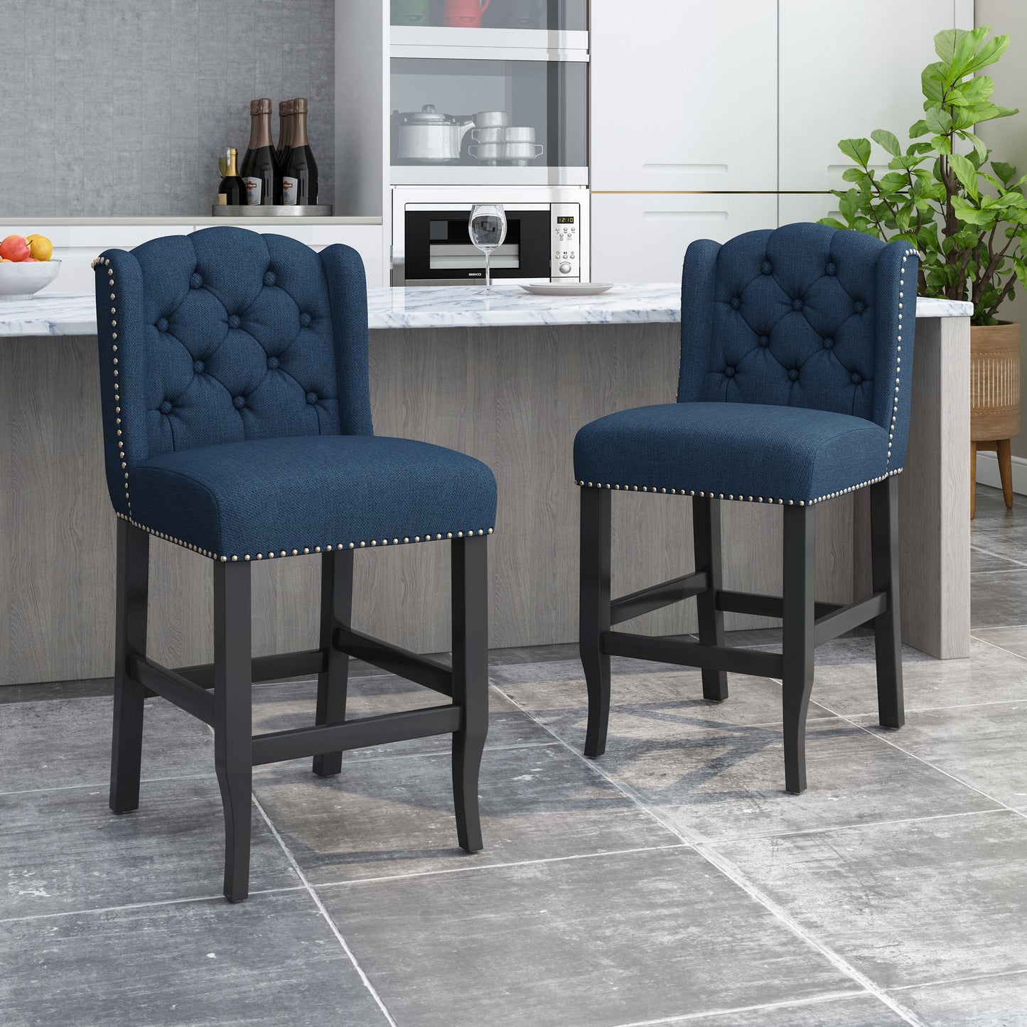 Solara - Fabric Tufted Counter Stool With Nailhead Accents (Set of 2) - Navy Blue