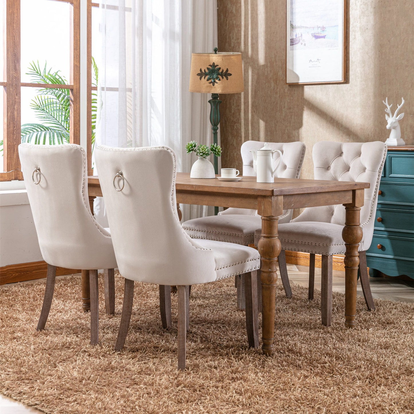 Nikki - Modern, High-End Tufted Solid Wood Contemporary Velvet Upholstered Dining Chair With Wood Legs Nailhead Trim (Set of 2) - Beige