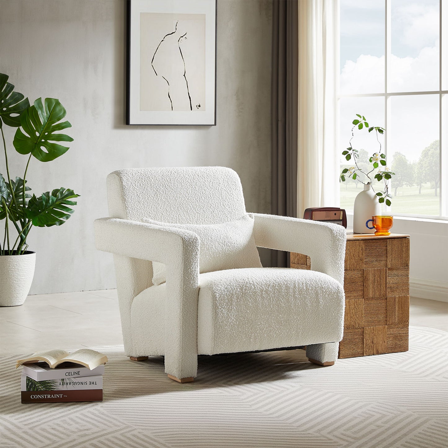 Sleek Right Angle Armrests, Ergonomic Lumbar Support, Square Wooden Block Legs, Inclined Seat For Comfort, Artistic Statement Piece For Living Room, Bedroom And Study - White
