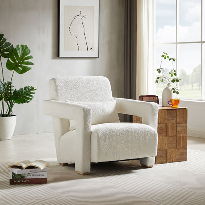 Sleek Right Angle Armrests, Ergonomic Lumbar Support, Square Wooden Block Legs, Inclined Seat For Comfort, Artistic Statement Piece For Living Room, Bedroom And Study - White