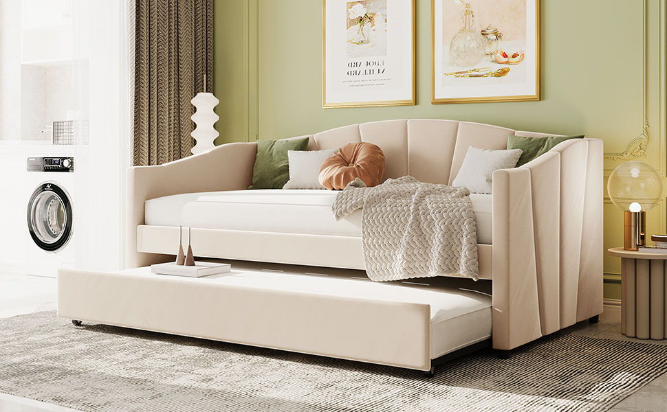 Twin Size Upholstered Daybed Sofa Bed With Trundle And Slat - Beige