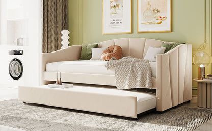 Twin Size Upholstered Daybed Sofa Bed With Trundle And Slat - Beige