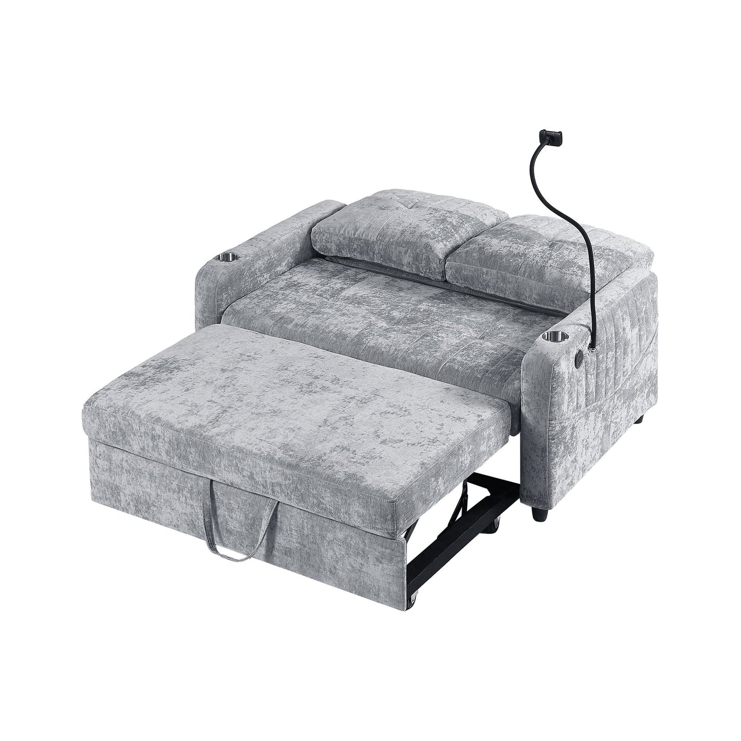 Modern Loveseat Pull Out Sofa Bed With Adjustable Backrest, Two Cup Holders, A Phone Holder, Three Charging Ports And Side Storage Pockets For Living Room - Gray