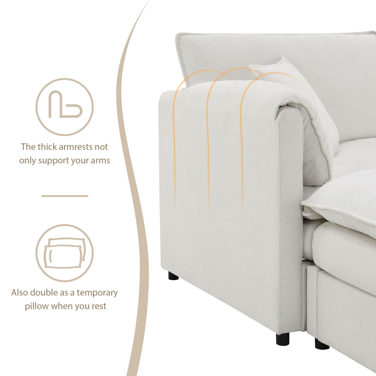 Chenille Modular Sectional Sofa, U Shaped Cloud Couch Set With Double Cushions, 6 Seat Sleeper Sofa Bed With Ottomans, Oversized Indoor Furniture - Cream