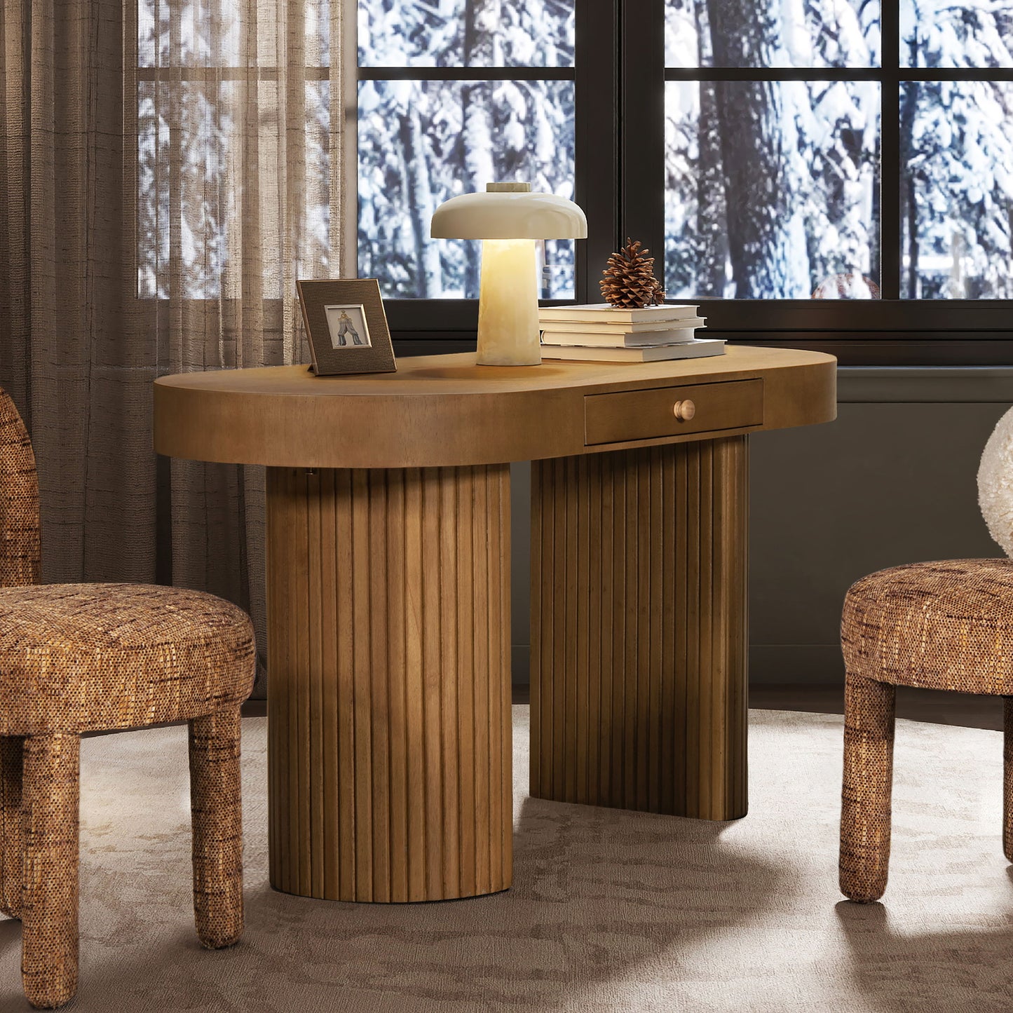 Jesse - Single Drawer Fluted Oval Console Desk - Honey Brown